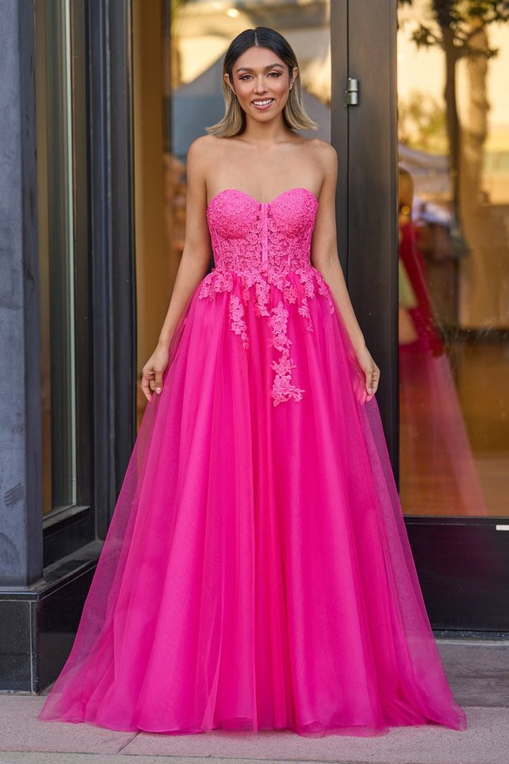 Hot Pink A-Line Tulle Lace Strapless Long Prom Dress