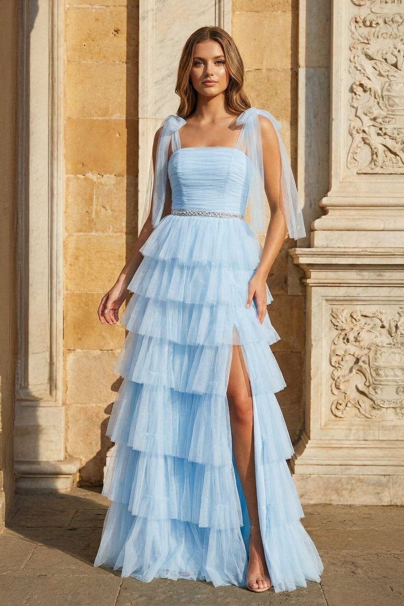 Light Blue Pleated Ruffle Prom Dress with Bow Tie Straps