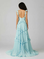 A-Line Straps Sky Blue Chiffon Ruffles Long Prom Dress