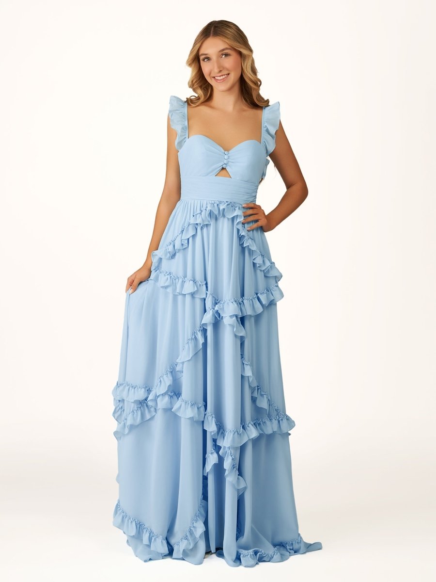 A-Line Straps Sky Blue Chiffon Ruffles Long Prom Dress
