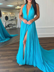 A-Line Halter Backless Pleated Blue Chiffon Long Prom Dresses