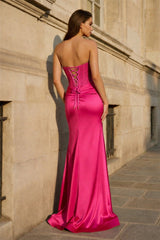 Emerald Green Beaded Strapless Applique Formal Dress with Slit