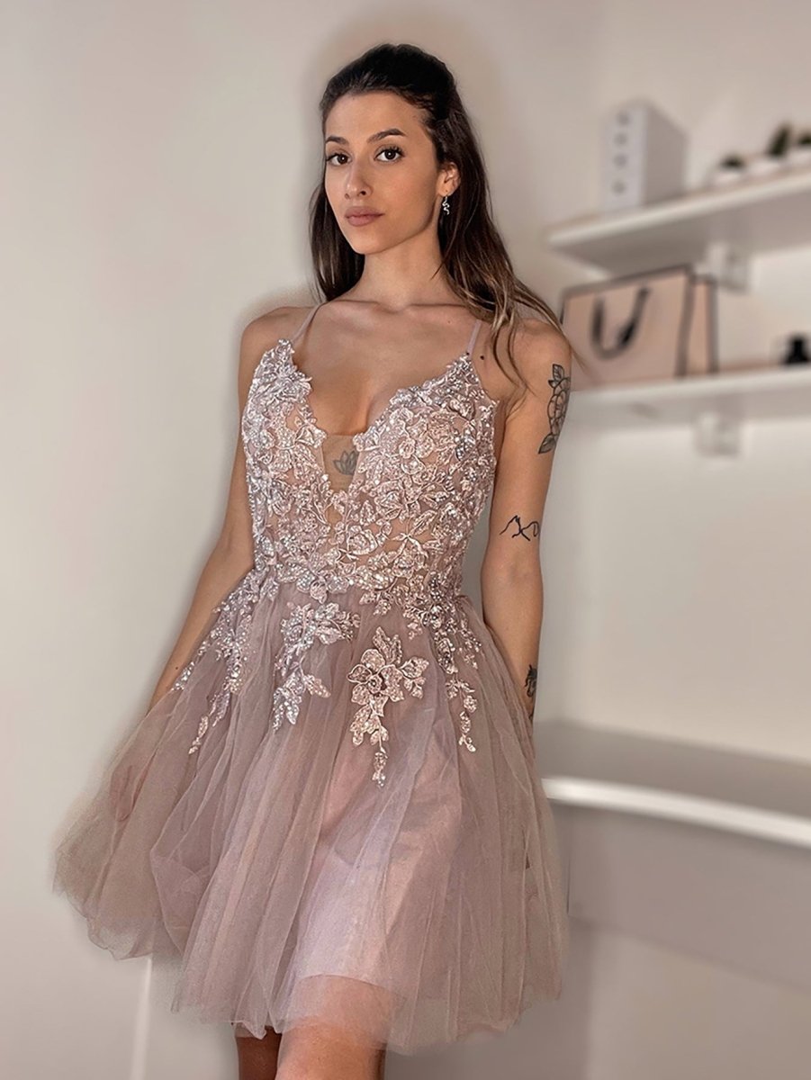 A Line Applique BlushTulle Short Homecoming Dress