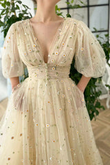 A-line V Neck Sea of Daisies Dress Engagement Ankle Length Half Sleeve Tulle with Buttons Pleats