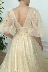 A-line V Neck Sea of Daisies Dress Engagement Ankle Length Half Sleeve Tulle with Buttons Pleats