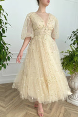 A-line V Neck Sea of Daisies Dress Engagement Ankle Length Half Sleeve Tulle with Buttons Pleats