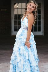 Blue – A Line Floral Tulle Halter Long Prom Dress with Ruffles and Beading