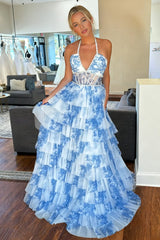 Blue – A Line Floral Tulle Halter Long Prom Dress with Ruffles and Beading