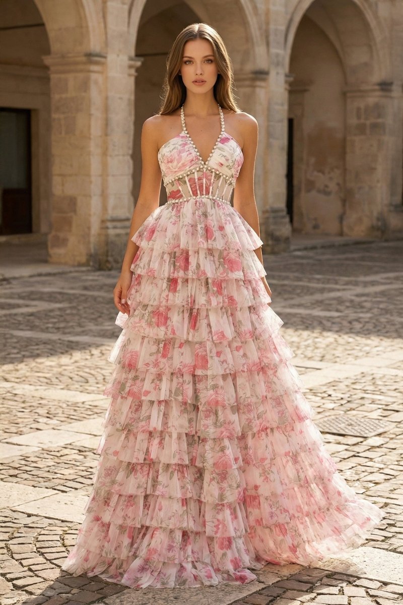 Pink – A Line Floral Tulle Halter Long Prom Dress with Ruffles and Beading