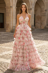 Pink – A Line Floral Tulle Halter Long Prom Dress with Ruffles and Beading