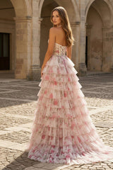 Pink – A Line Floral Tulle Halter Long Prom Dress with Ruffles and Beading