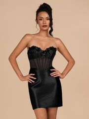Black Bodycon Satin Sweetheart Corset Homecoming Dress with Sequined Flowers