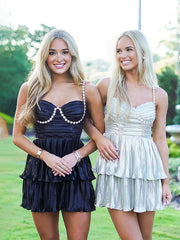 Black - Spaghetti Straps A Line Metallic Pleated Short Homecoming Dresses With Beading