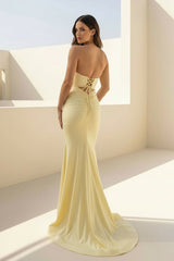 Yellow Strapless Mermaid Satin Long Prom Dresses With Cutout