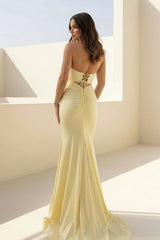 Yellow Strapless Mermaid Satin Long Prom Dresses With Cutout
