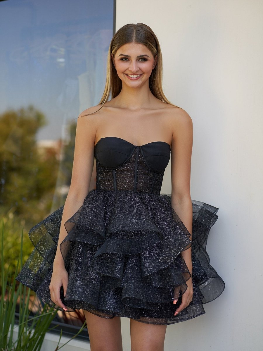 A-Line Tulle Black Short Homecoming Dress with Ruffles