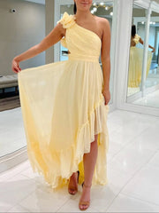 Light Yellow A-line One Shoulder Lace-Up Pleated Ruffle High-Low Prom Dress