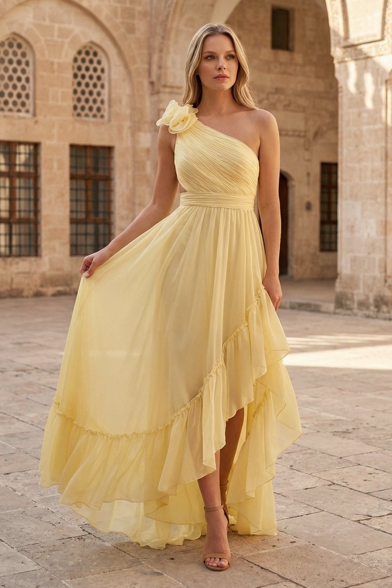 Light Yellow A-line One Shoulder Lace-Up Pleated Ruffle High-Low Prom Dress