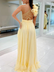 Light Yellow A-line One Shoulder Lace-Up Pleated Ruffle High-Low Prom Dress