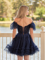 A Line Sweetheart Puff Sleeves Short Homecoming Dress With Ruffles