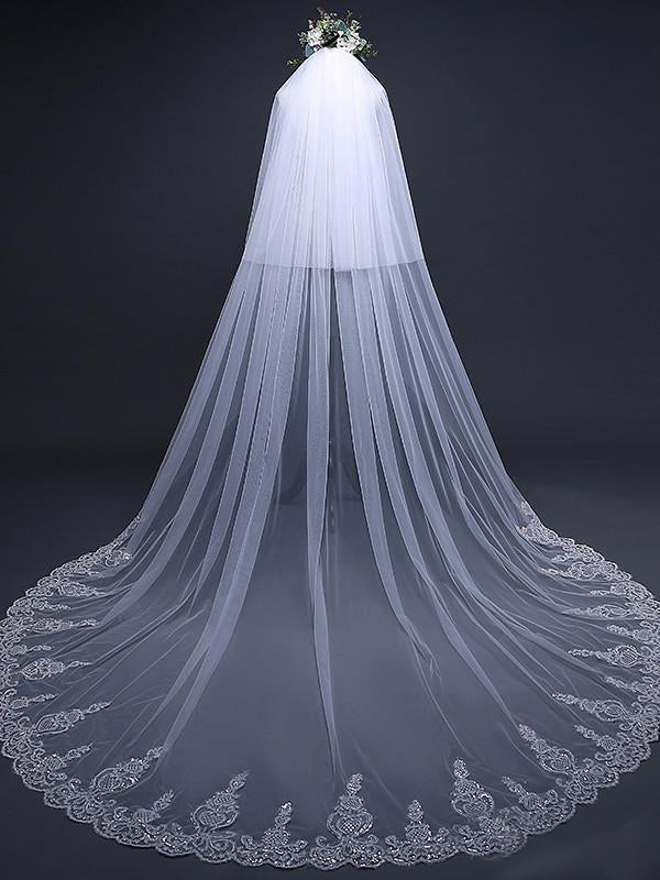 Ivory Tulle Lace Cathedral Veils with Blusher Drop Veil