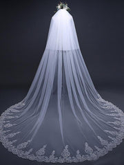 Ivory Tulle Lace Cathedral Veils with Blusher Drop Veil