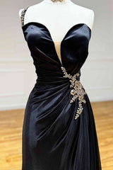 Black Rhinestone One Shoulder A Line Prom Dress with Slit
