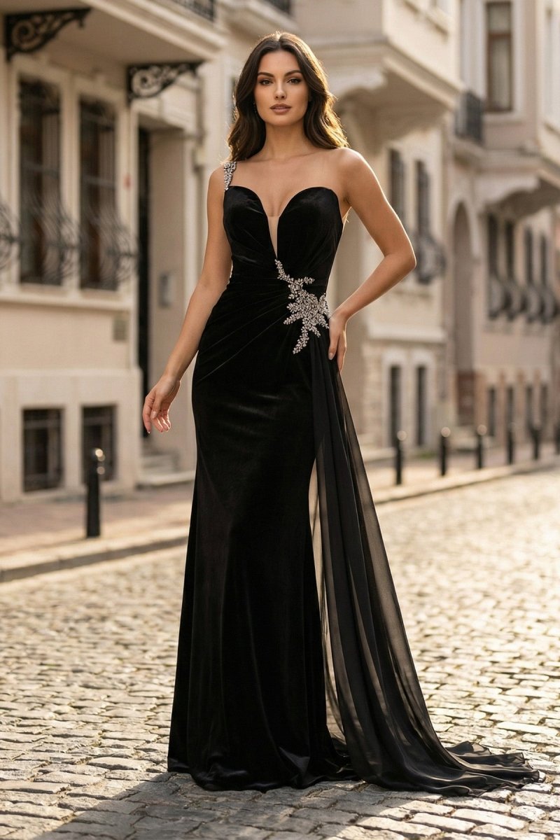 Black Rhinestone One Shoulder A Line Prom Dress with Slit