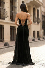 Black Rhinestone One Shoulder A Line Prom Dress with Slit