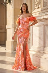 Orange Sweetheart Mermaid Lace Long Prom Dresses With Split