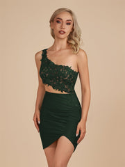 Dark Green – One Shoulder Bodycon Satin Short Homecoming Dress with Appliqué