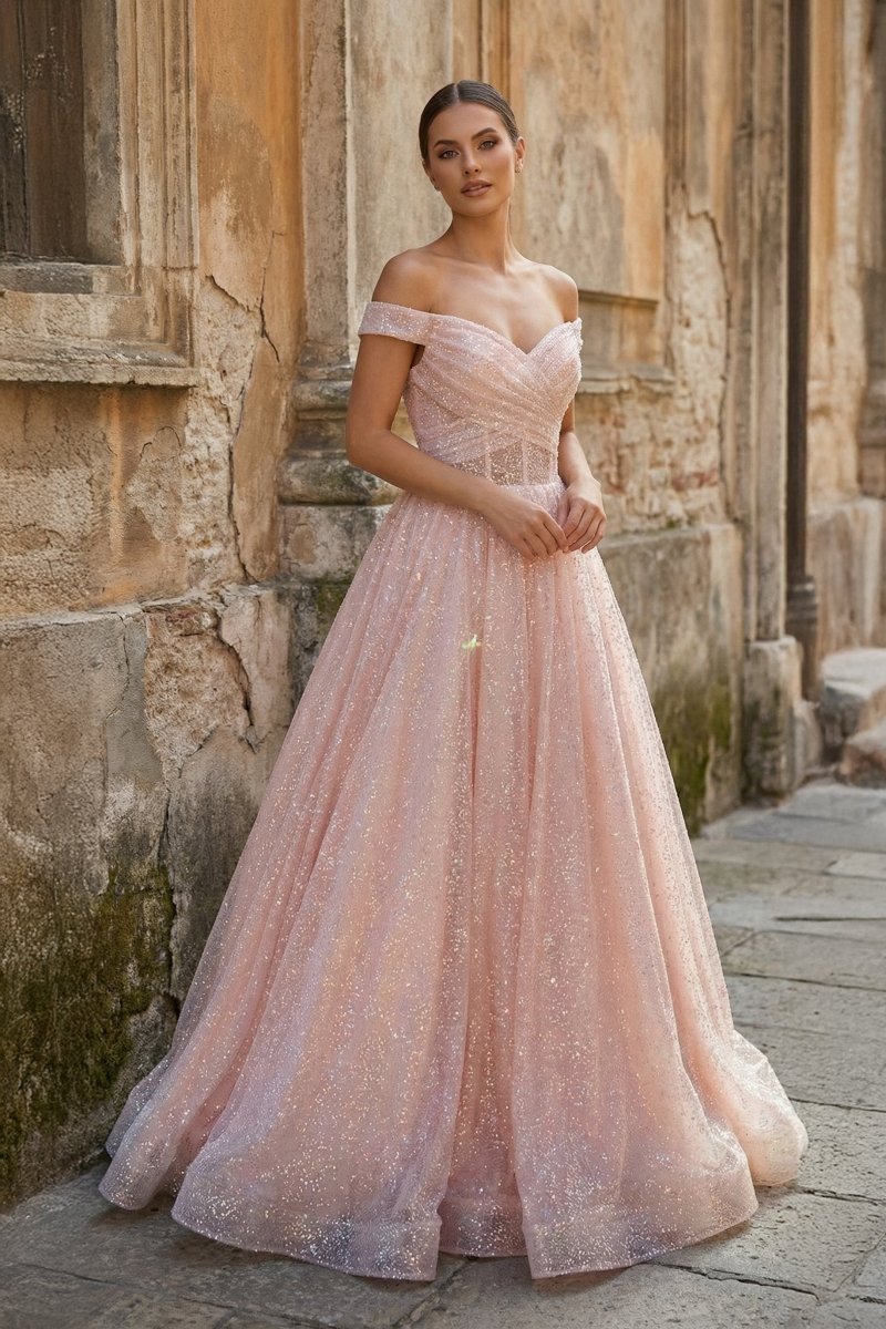 Sparkly Blush Pink Off-the-Shoulder Surplice Long Prom Dress