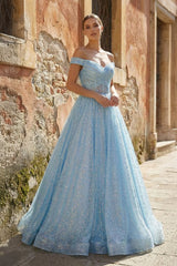 Sparkly Blush Pink Off-the-Shoulder Surplice Long Prom Dress