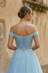 Sparkly Blush Pink Off-the-Shoulder Surplice Long Prom Dress