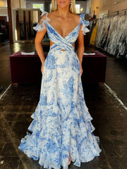 V Neck A-line Floral Printed Chiffon Slit Prom Dress