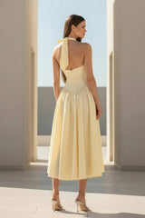 Yellow Halter A Line Satin Pleated Tea Length Formal Prom Dresses