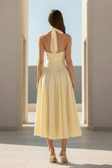 Yellow Halter A Line Satin Pleated Tea Length Formal Prom Dresses
