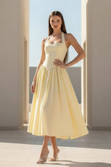 Yellow Halter A Line Satin Pleated Tea Length Formal Prom Dresses