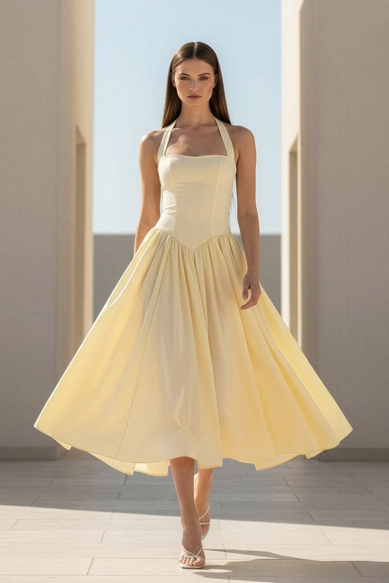 Yellow Halter A Line Satin Pleated Tea Length Formal Prom Dresses