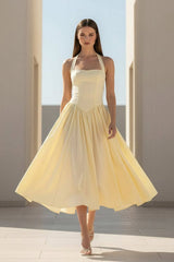 Yellow Halter A Line Satin Pleated Tea Length Formal Prom Dresses