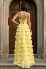 A Line Spaghetti Straps Yellow Long Prom Dress with Ruffles