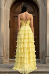 A Line Spaghetti Straps Yellow Long Prom Dress with Ruffles