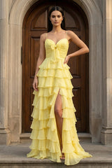 A Line Spaghetti Straps Yellow Long Prom Dress with Ruffles