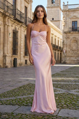 Pink - Halter Sheath Satin Long Prom Dresses With Sequins