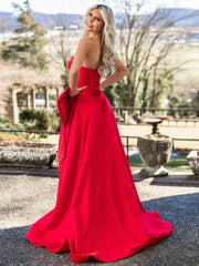 Trendy Red Strapless A-Line Satin Long Corset Prom Dress with Bow