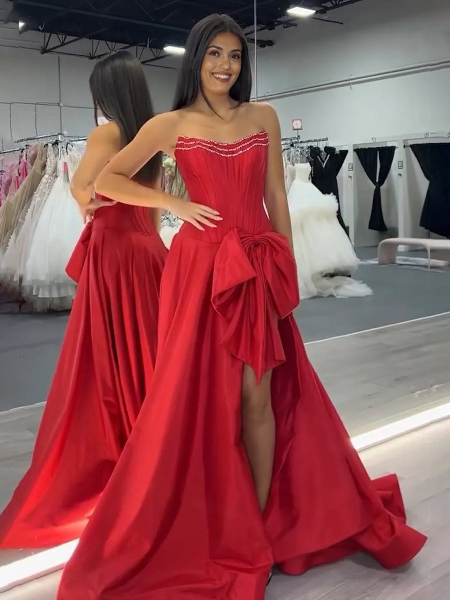 Trendy Red Strapless A-Line Satin Long Corset Prom Dress with Bow