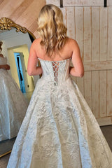 White - A Line Strapless Jacquard Long Prom Dresses