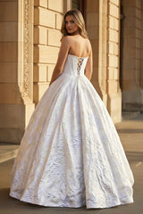 White - A Line Strapless Jacquard Long Prom Dresses