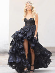 Sweetheart Light Blue Lace Appliques Ruffle Long Formal Gown