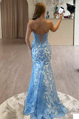 Blue Strapless Mermaid Lace Long Prom Dresses With Beading